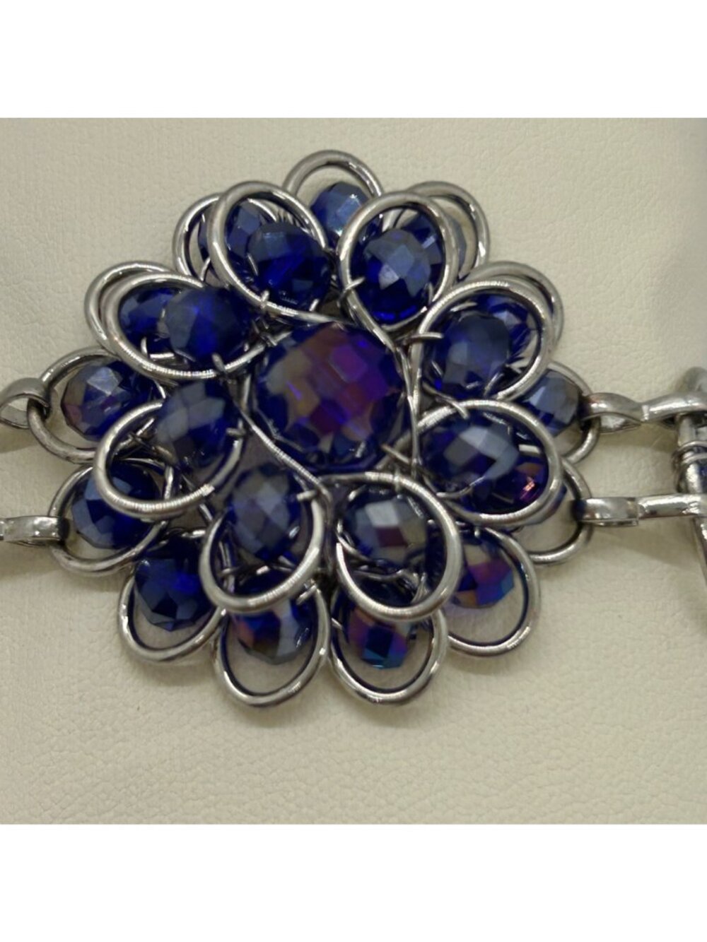 Handcrafted Silver-Tone Blue Rhinestone Crystal Floral Rosette Toggle Clasp Stat - Picture 2 of 12
